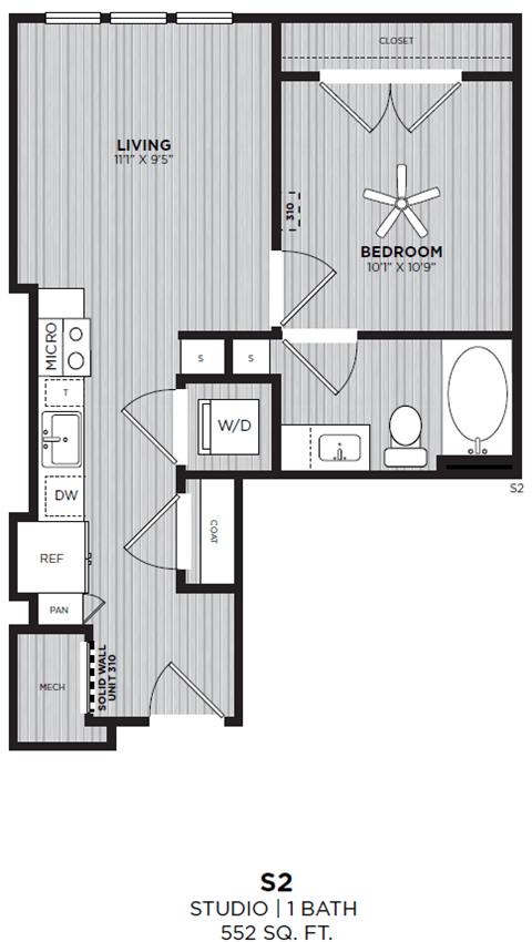 A floor plan for a studio apartment with a living room, bedroom, and bathroom.